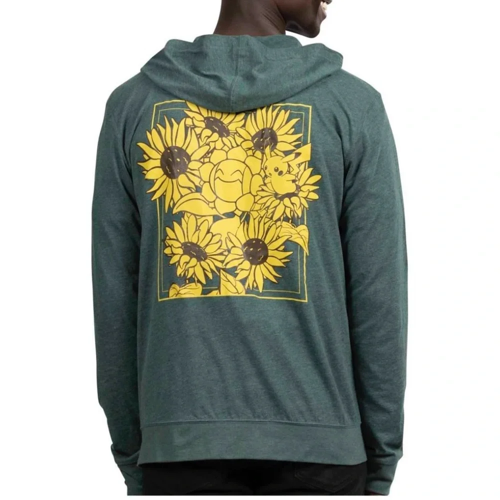 Pikachu & Sunflora Pokémon Unisex Green Hoodie Size Small - Picture 1 of 13